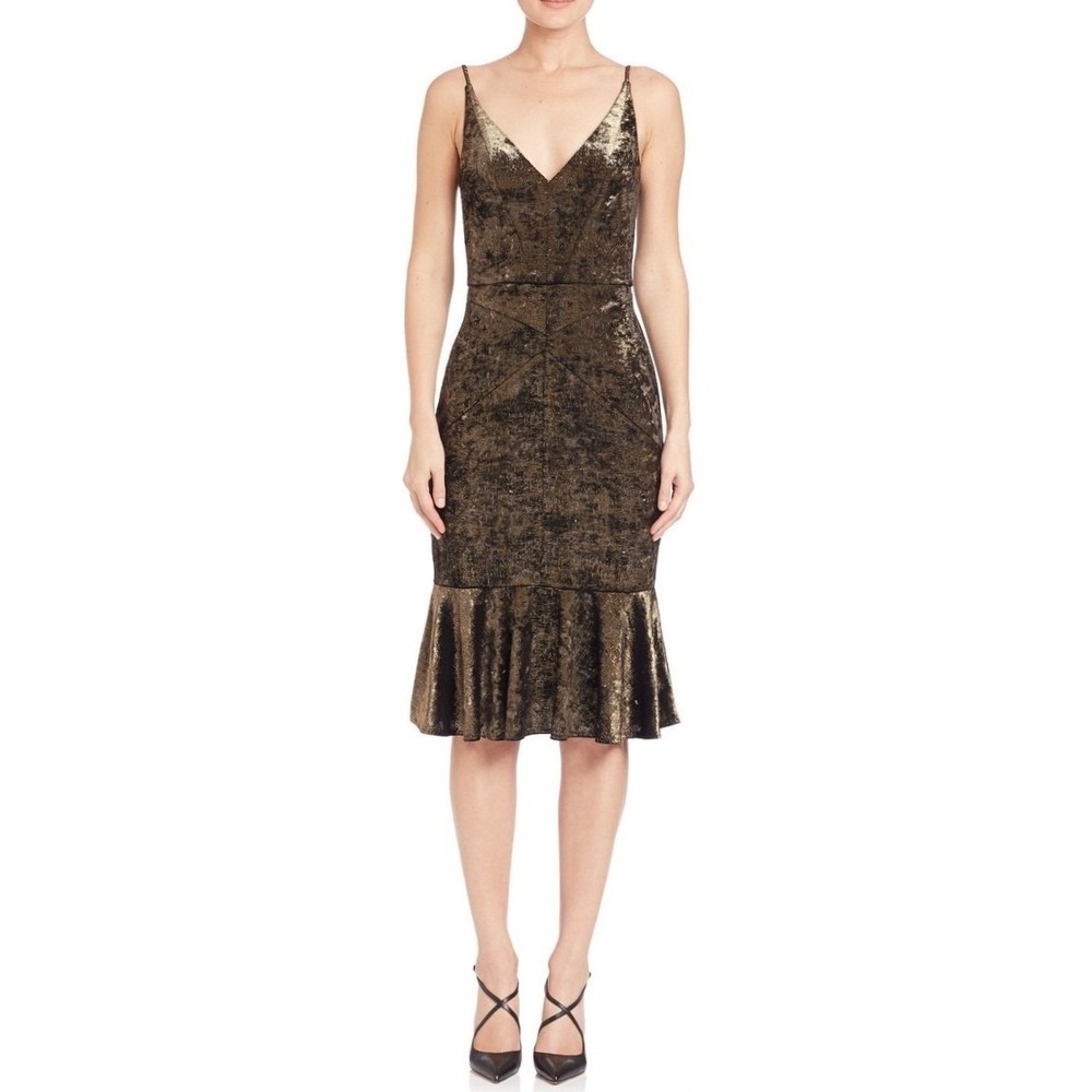 Janie Bryant for‎ Black Halo Gold Metallic Velvet Mermaid Midi Dress Size 8 NWT